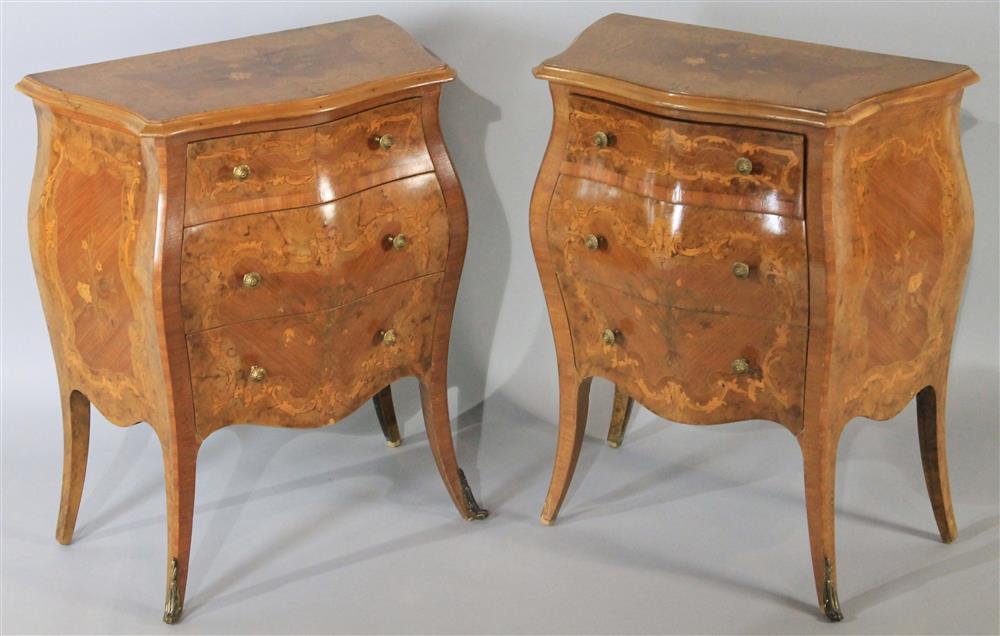 Appraisal: PAIR OF PETITE ITALIAN MARQUETRY BOMBE CHESTS with three drawers