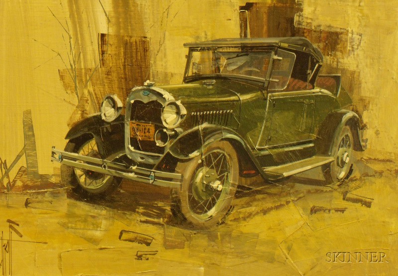 Appraisal: Framed Oil on Masonite Illustration Model A Roadster inscribed Elhoff