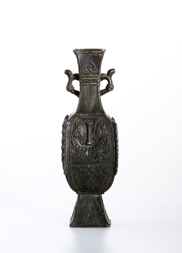 Appraisal: Chinese Bronze Quadrangular Hu-Form Vase Of rectangular section each side