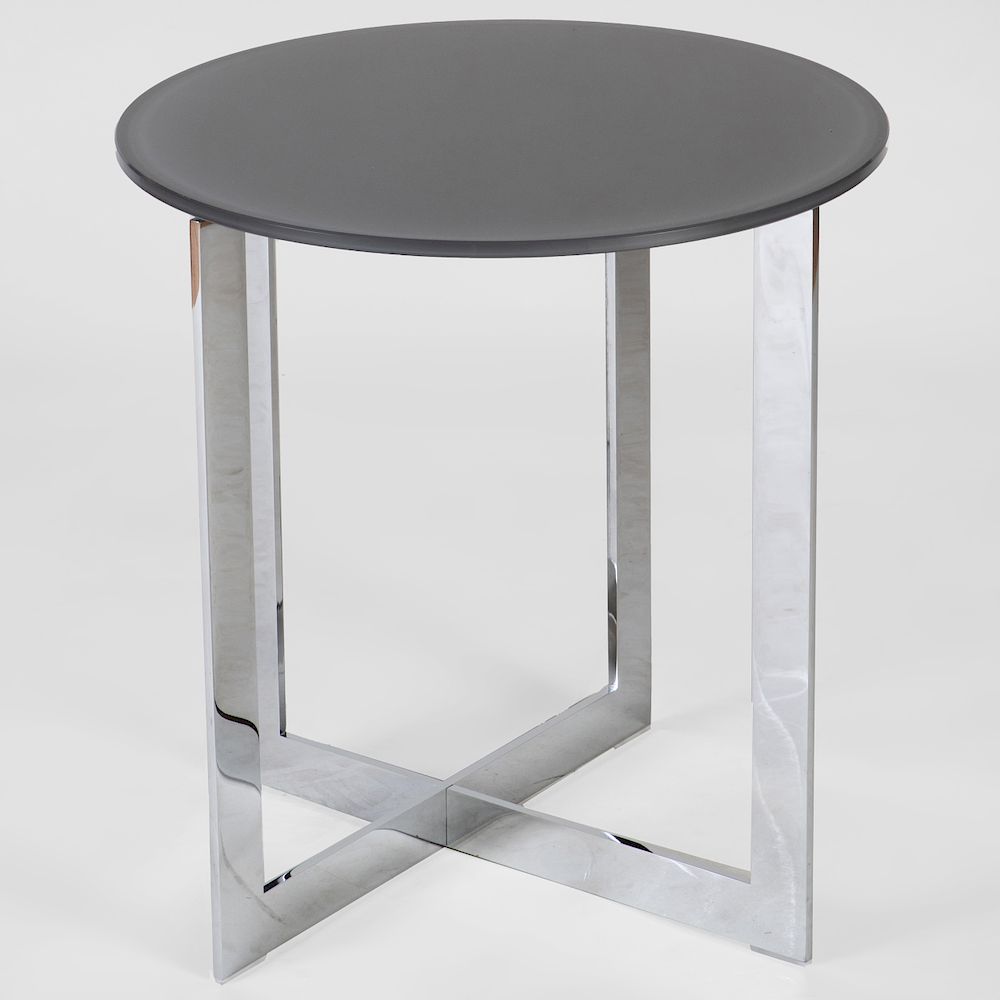 Appraisal: Modern Chrome and Grey Glass Side Table x in diam