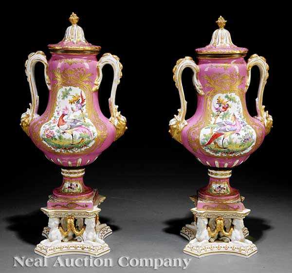 Appraisal: A Pair of S vres-Style Porcelain Urns th c marked