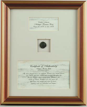 Appraisal: FRAMED ANTIQUE ROMAN COIN WITH CERTIFICATE Nice presentation framed collage