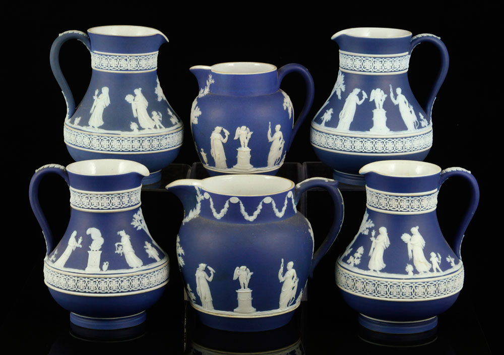 Appraisal: - Wedgwood Jasperware Pitchers Lot of six Wedgwood Jasperware blue