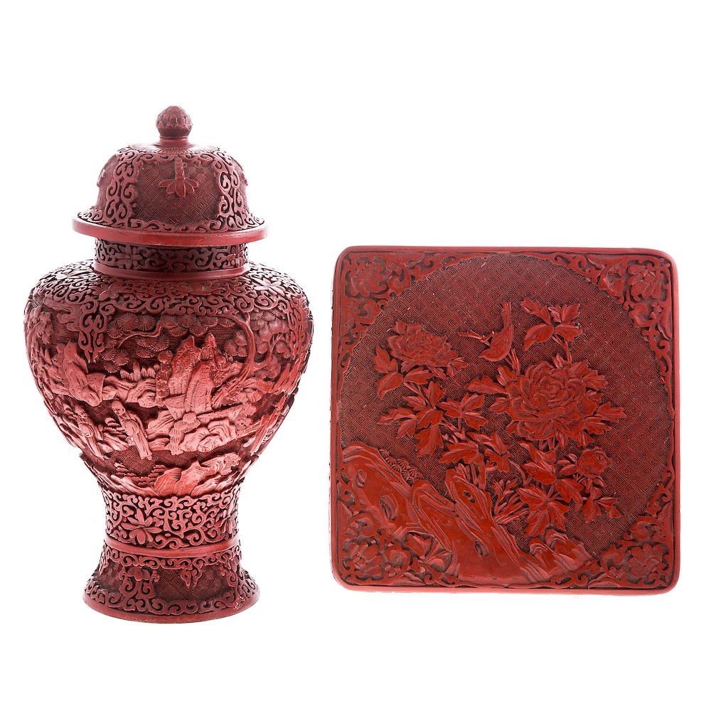 Appraisal: Chinese cinnabar lacquer box and jar square box with carved