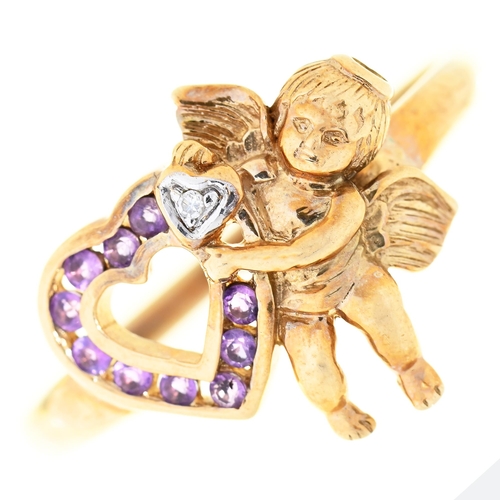 Appraisal: An amethyst and diamond cherub-and-heart ring in ct gold g