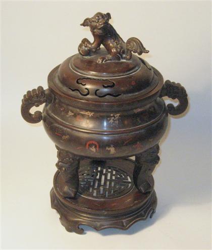 Appraisal: Large Chinese inlaid bronze covered censerlate qing dynasty