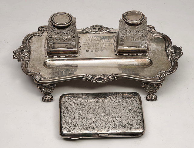 Appraisal: AN EARLY TH CENTURY SILVER DESK STAND with two cut