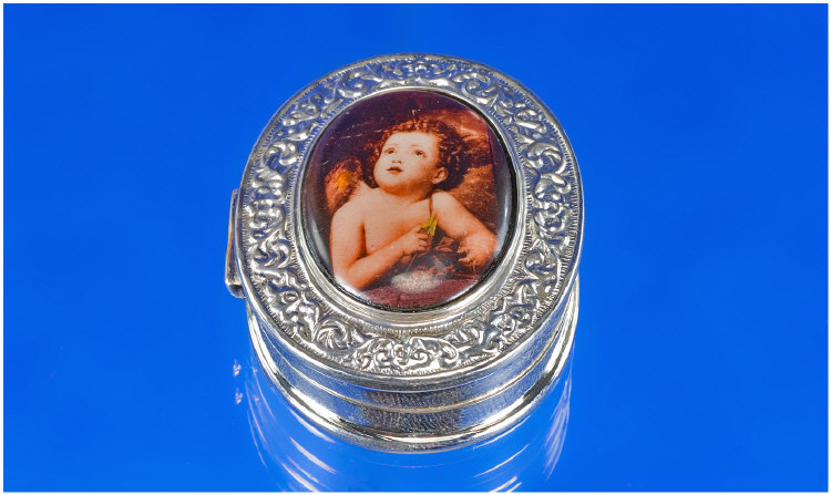 Appraisal: Silver Hinged Circular Pill Box The Top With Enamelled Style