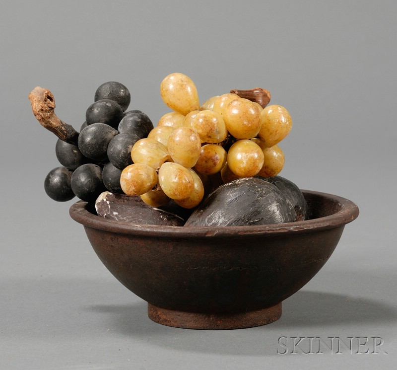 Appraisal: Small Cast Iron Bowl with Five Pieces of Stone Fruit