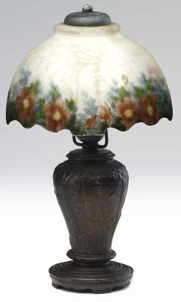 Appraisal: HANDEL Boudoir lamp its four-sided chipped ice shade reverse-painted with