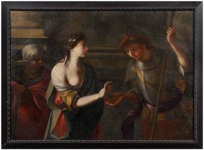 Appraisal: Old Master painting woman in classical clothing giving a ring