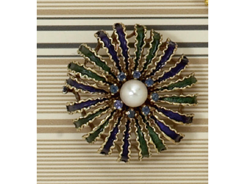 Appraisal: ENAMEL AND SAPPHIRE BROOCH Gold round brooch with green and