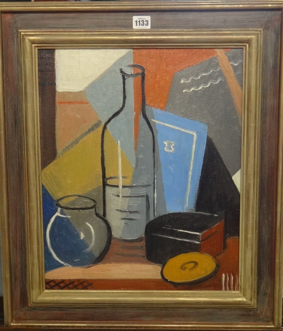 Appraisal: Cissie Kean - Still life with bottle oil on canvas