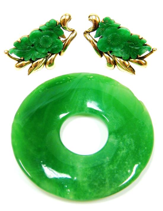 Appraisal: JEWELRY Two jade pieces pair of pierced earrings tested K