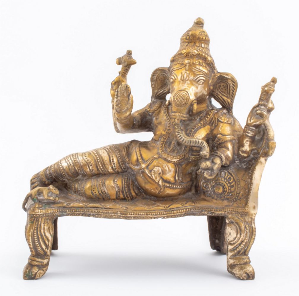 Appraisal: INDIAN GILT BRONZE RECLINING GANESHA SCULPTURE Antique Indian gilt bronze