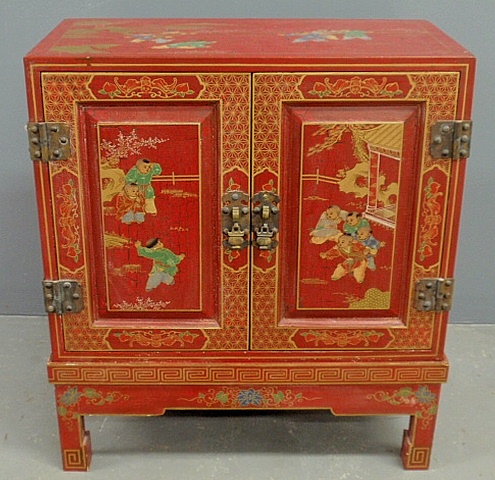 Appraisal: - Red Japanned cabinet with two raised panel doors h