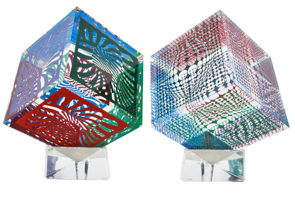 Appraisal: VICTOR VASARELY - TWO ACRYLIC CUBE SCULPTURESeach set atop triangular