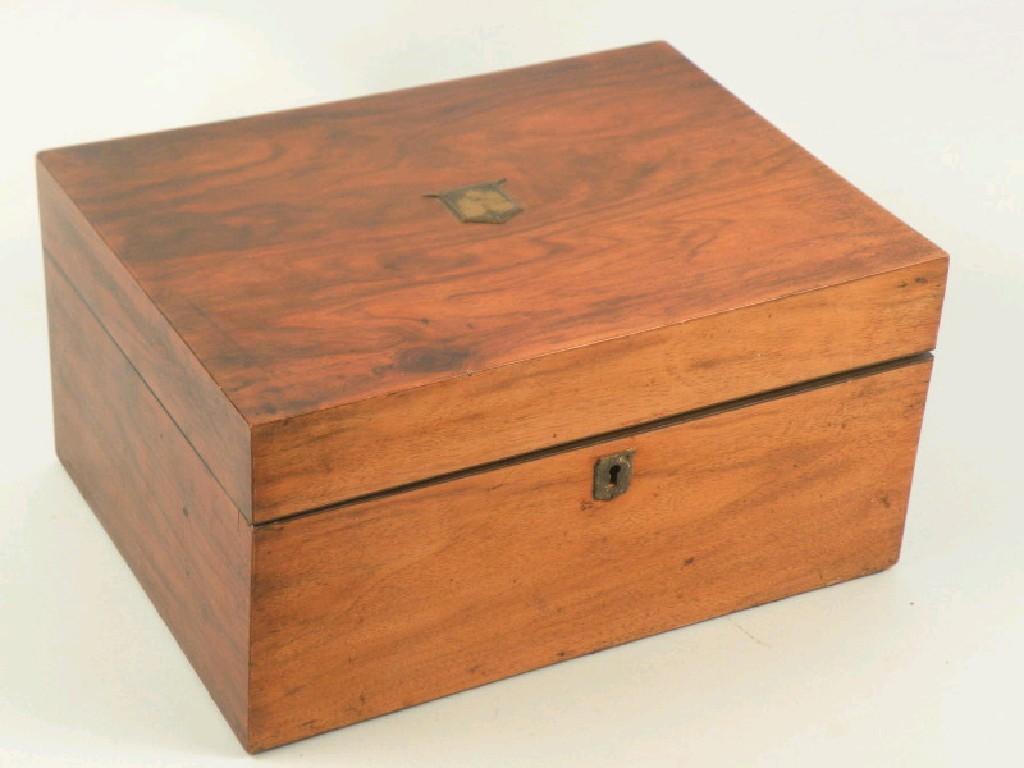 Appraisal: A Victorian walnut workbox the hinged lid enclosing a satin