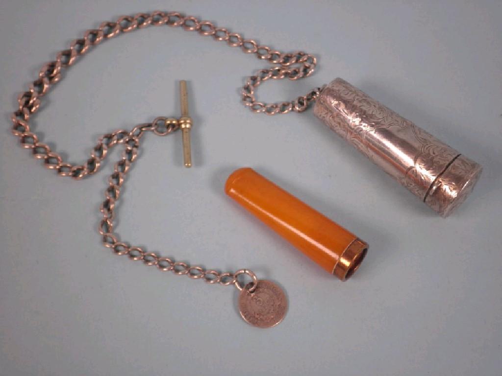 Appraisal: A silver cheroot case and chain with silver plated 'T'