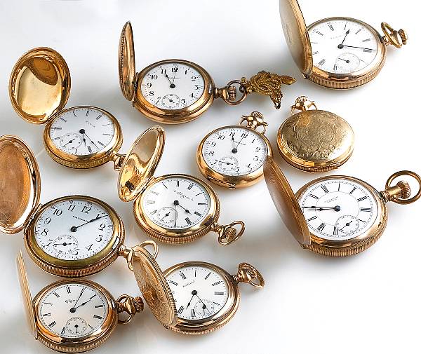 Appraisal: A collection of nine small gold-filled hunter-cased American pocket watches