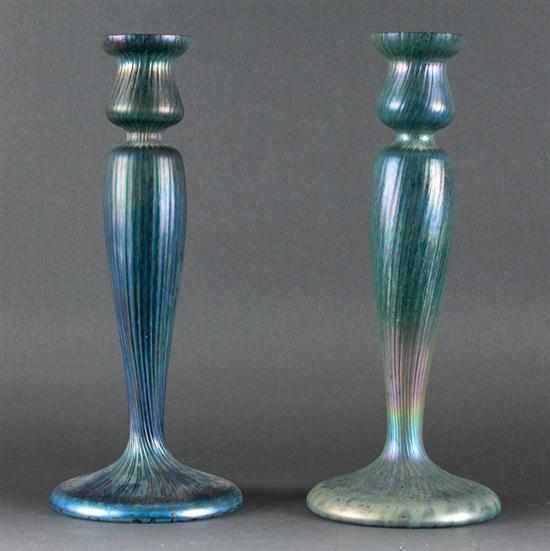 Appraisal: Pair of Continental spiral-ribbed iridescent glass candlestick vase attributed to