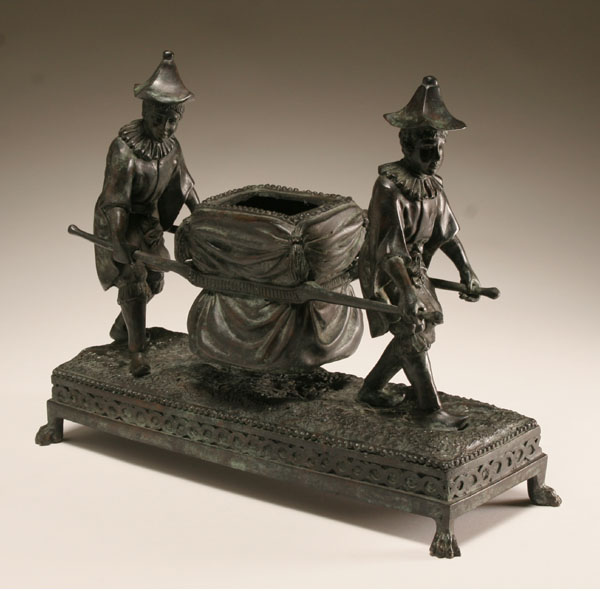 Appraisal: Asian patinated bronze sculpture litter bearers two identically clad young