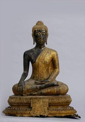 Appraisal: THAI LACQUER AND GILT-BRONZE FIGURE OF THE SEATED BUDDHA Seated