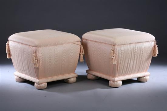 Appraisal: PAIR UPHOLSTERED HASSOCK-FORM BENCHES th century with peach moire taffeta