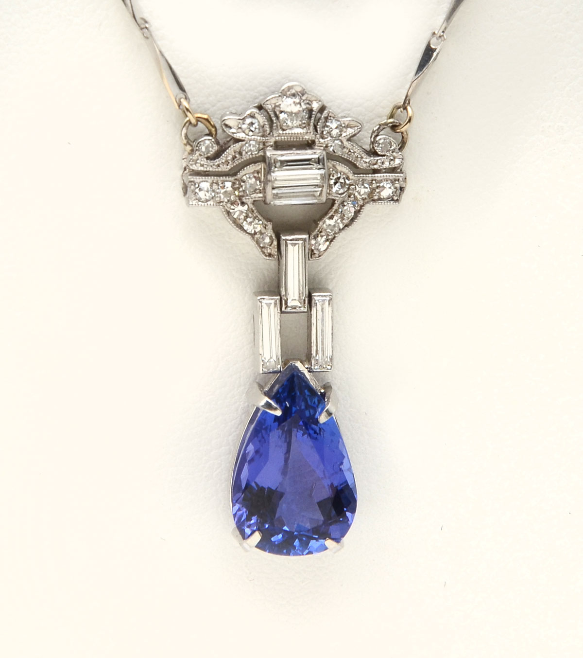 Appraisal: PLATINUM CT TANZANITE DIAMOND NECKLACE CT pear shape tanzanite is