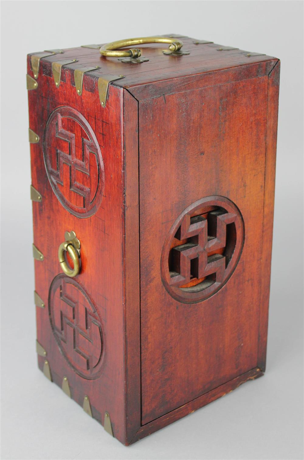 Appraisal: KOREAN SMALL CHEST WITH UPPER BRASS HANDLE the case carved