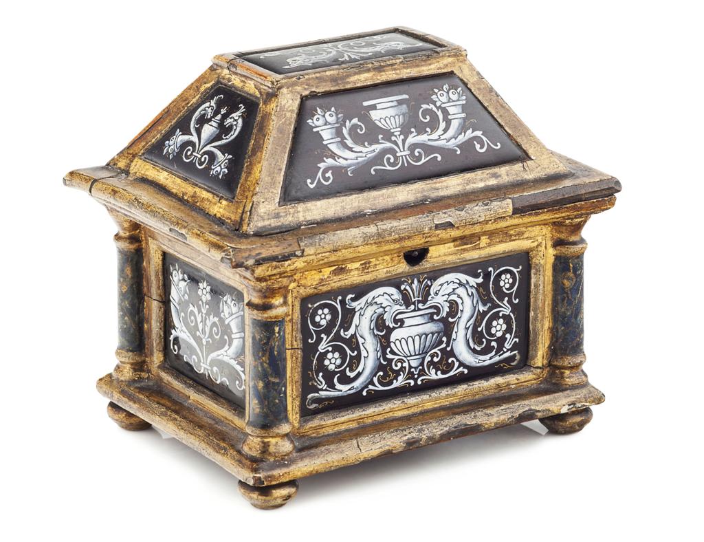 Appraisal: FRENCH LIMOGES ENAMEL AND GILT WOOD JEWEL CASKET TH CENTURY