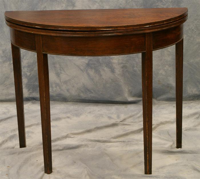 Appraisal: Walnut demilune Hepplewhite card table molded top and legs swing