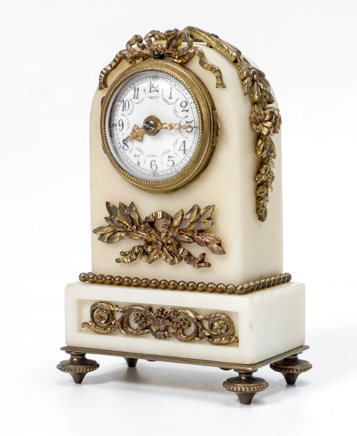 Appraisal: FRENCH ALABASTER ORMOLU DESK CLOCK Diminutive desk clock with shaped