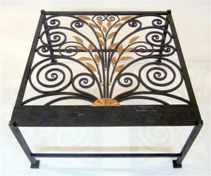 Appraisal: French black painted and gilded Iron work low table The