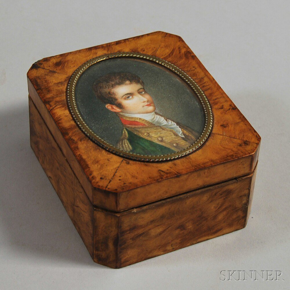 Appraisal: Burl Veneer Box with Portrait Miniature Europe th century the