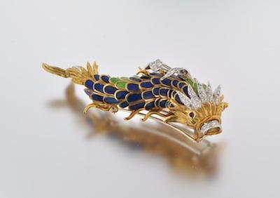 Appraisal: An Enamel and Diamond Fish Shape Brooch k yellow gold