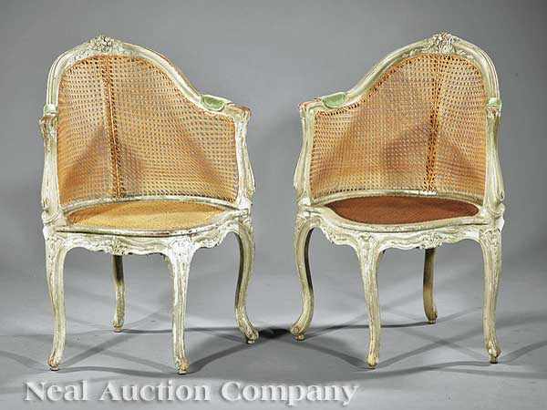 Appraisal: A Pair of Antique Louis XV-Style Caned Cr me Peinte