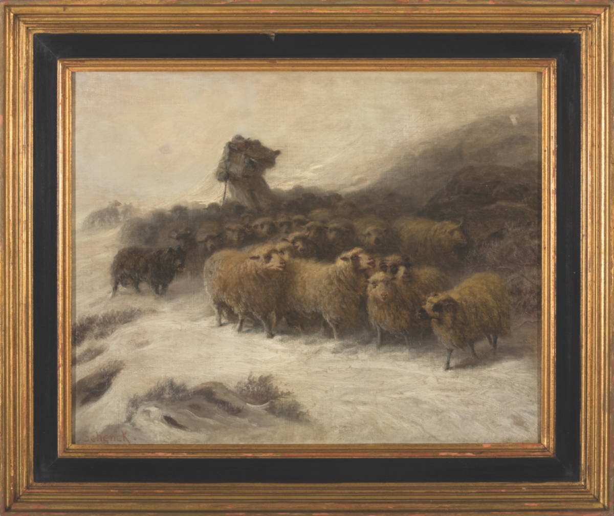 Appraisal: AUGUST SCHENCK DANISH - HERDER AND SHEEP ON A SNOWY