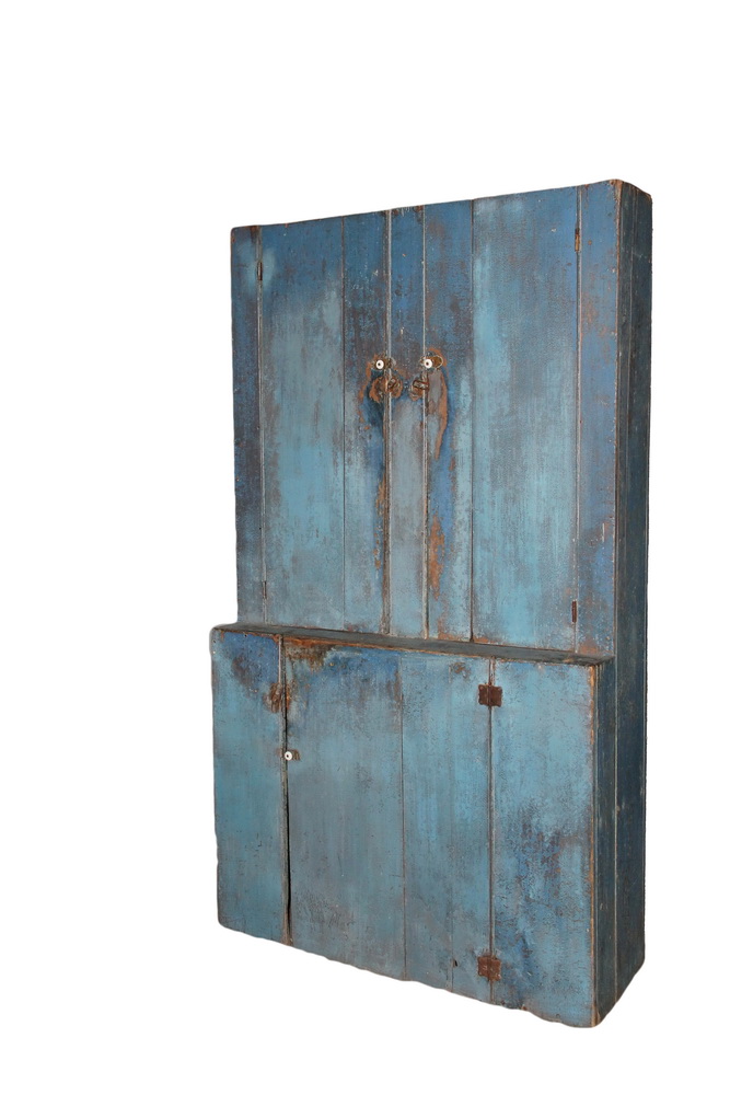 Appraisal: BLUE PAINTED STEPBACK CUPBOARD - th c New England primitive