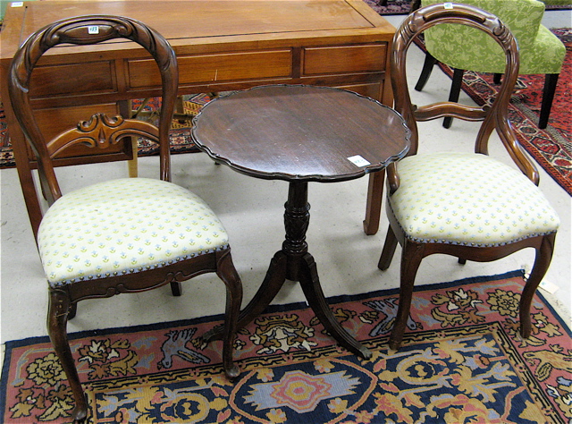 Appraisal: TRIPOD TEA TABLE AND TWO VICTORIAN STYLE SIDE CHAIRS American