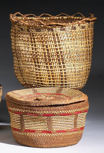 Appraisal: Two Northwest baskets A Tsimsian polychrome lidded example and a