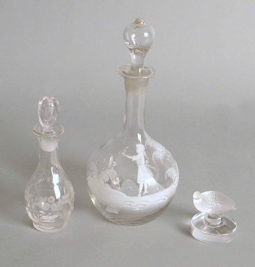 Appraisal: Lalique bird paperweight h together with two etched decanters h