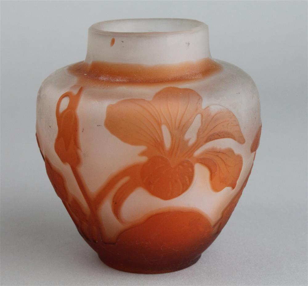 Appraisal: SMALL GALLE CAMEO GLASS VASE signed in cameo with short