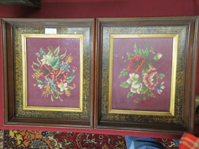 Appraisal: Pair of Victorian Walnut Shadowbox Frames needlepoint florals