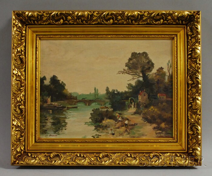 Appraisal: P H Golub Oil on Panel View of a Riverbank