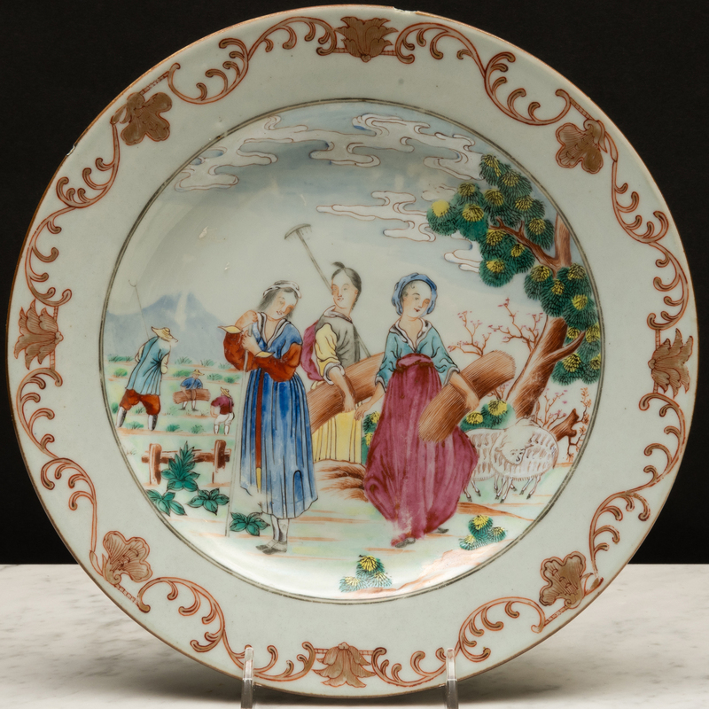 Appraisal: Chinese Export Famille Rose Porcelain European Subject Plate Unmarked depicting