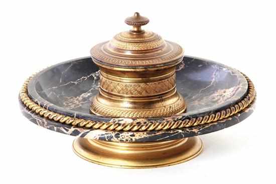 Appraisal: French bronze and marble inkstand th century hinged vessel mounted