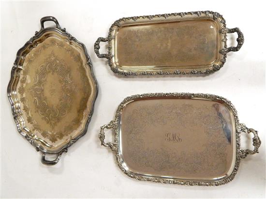 Appraisal: SILVER PLATE Three ornate silver plate serving trays two handled