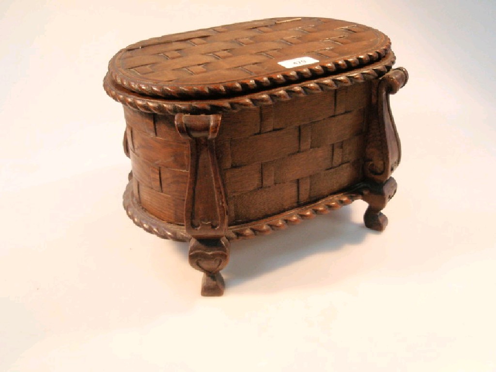 Appraisal: An early thC oak ply work box with woven top