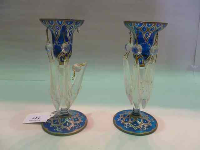 Appraisal: A SMALL PAIR OF VICTORIAN BLUE GLASS LUSTRES